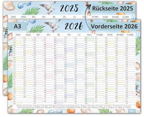 Timr Väggkalender 2026 inkl. 2025 motiv strand – DIN A3 (42 x 29,7 cm) kalender I 2 x 12 månader I båda sidor I semestermotiv I blå I årskalender med lagstadgade helgdagar I tr292
