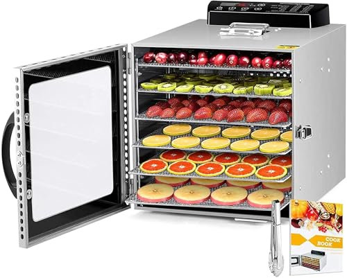 CAFIEDR Déshydrateur Alimentaire en Acier Inoxydable à 6 Plateaux, réglage de la température de 30 à 90 ℃, Max 24 h, Machine de séchage de Fruits avec Livre de Recettes