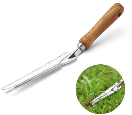 Manueller Unkrautjäter mit Maß, Unkrautstecher zum Entfernen, Unkrautstecher Edelstahl mit Holzgriff, Wurzeljäter von Gemüse Blumen Graben Beschneiden Schneiden