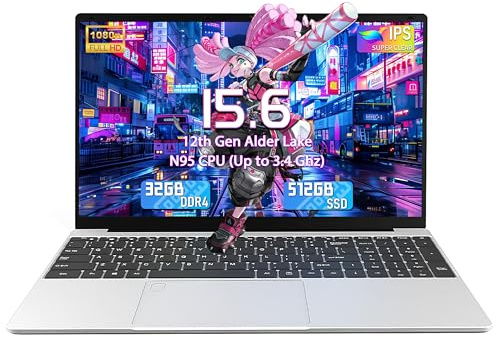 OMSERVB 15.6 Silver Laptop,12th Gen N95-Beat N5095 (Up to 3.4Ghz), DDR4 32G RAM, 512GB NVME SSD,Win 11 Pro&Office 2019,Fingerprint Lock,Portable Notebook PC with Backlit KB (32+512G)