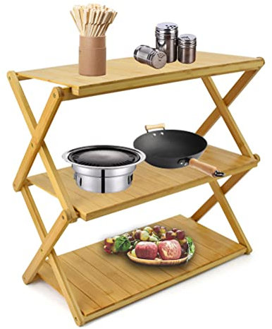 Tragbares Bambus-Campingregal, faltbar, für den Außenbereich, Küchenschrank, für Camping und Grillen, 3 Etagen