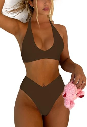 Syshrendy Sexy Bikini-Set für Damen, mit hohem Bein, Triangel-Bikini, gepolsterter Cup-Bikini, frecher Badeanzug, V-Schnitt, Tanga, Badeanzug, Braun, Large