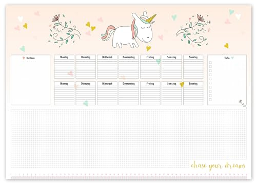 PRIMUS PRINT - Einhorn Schreibtischunterlage Papier - DIN A2 Unterlage Schreibtisch - Abreißblock - 80g Dickes Naturpapier - Stabiler Papprücken - 25 Blatt - [ Motiv: Einhorn ohne Fußleiste ]