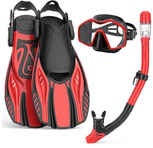 Schnorchel-Set für Erwachsene mit Flossen, Schnorchelmaske mit verstellbaren Schwimmflossen, Trockenschnorchel, Panoramablick, Schwimmbrille, Schnorchelpakete, Schnorchelausrüstung zum Schnorcheln