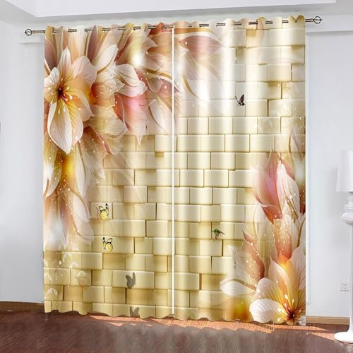 Lirzxin Gardinen Verdunkelnd 115 cm Lang, Vorhänge Blickdicht mit Ösen 2er Set Gelb Rosa 3D Wand mit Blumen und Schmetterlinge Muster Vorhang für Wohnzimmer Schlafzimmer, 86x115 cm(BxH)