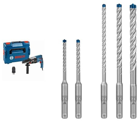 Bosch Professional Bohrhammer GBH 2-28 F (inkl. Zusatzhandgriff, Tiefenanschlag 210mm, Wechselfutter SDS-plus) + 5x Expert SDS plus-7X Hammerbohrer Set (für Stahlbeton, Ø 5-10 mm)