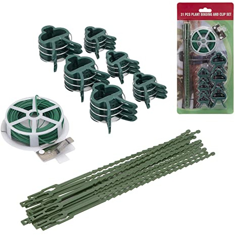 Yesaler Juego de Soportes para Plantas Incluye 18 Clips para Plantas con 2 Tamaños 12 Corbata Ajustables para Plantas 1 Rollo de Alambre de Jardinería de 20m para Plantas Trepadoras 31 Piezas