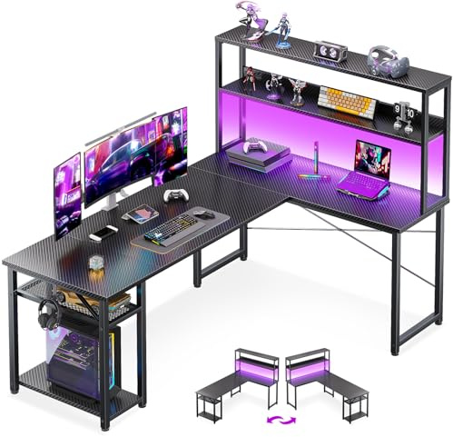 ODK 61 L Shaped Gaming Desk with Hutch & Headphone Hook, Corner Computer Table with Storage Shelves for Home Office, Black