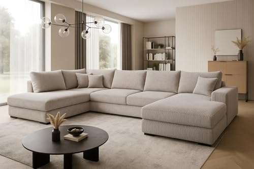 A&J MöbelLand Ecksofa Fabio 328x182 cm mit Schlaffunktion, Bonellfederkern und Bettkasten in Creme – modernes Schlafsofa mit Stauraum