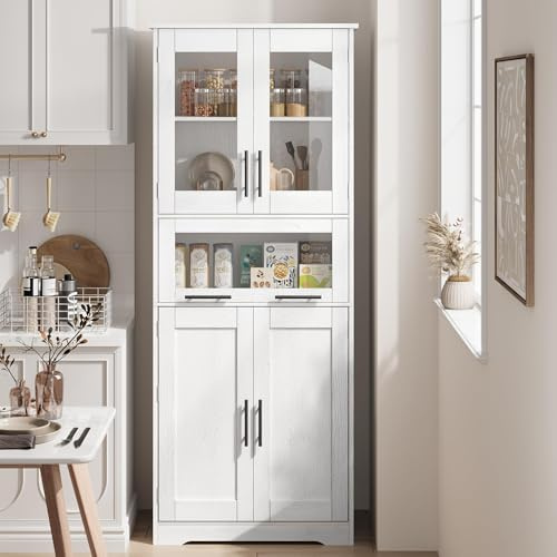 170 cm Küchenschrank aus holz mit 2 Holztüren und 2 Glastüren,Mehrzweckschrank et 4 Fächern,Vorratsschrank/Buffetschrank mit Hochziehschublade,Hochschrank Für Küche, Wohnzimmer, Badezimmer,Weiß