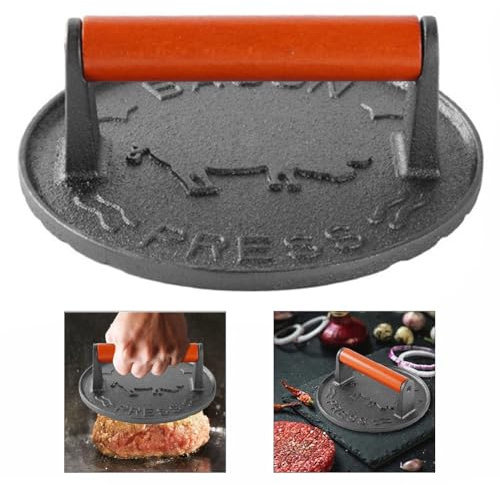 FUBESK Cast Iron Burger Press with Wood Handle for 7-inch Diameter Grilling, Compatible with Stove Top Grill Panini and Meat Pressing