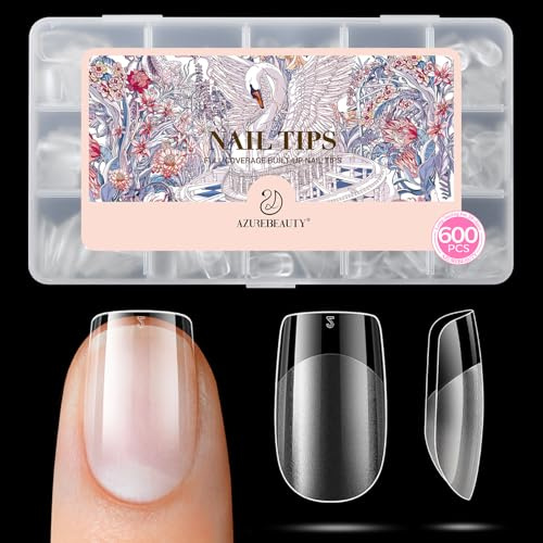 AZUREBEAUTY Extra Short Square Nail Tips, 600Pcs Soft Nail Tips for Gel Extensions Half Matte Full Cover Clear Acrylic Gel Kit False Press on Nails Manicure Salon DIY at Home Nail Art 15 Sizes