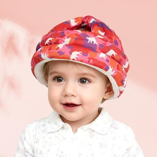 JUNUNDJING Casque Bebe Antichoc Protection, Casque Bébé Anti Choc, Casque Protection Bebe, Casque Anti Chute Bebe, Ajustable, Respirant, Convient Aux Enfants De 6 à 36 Mois, Ours Rouge