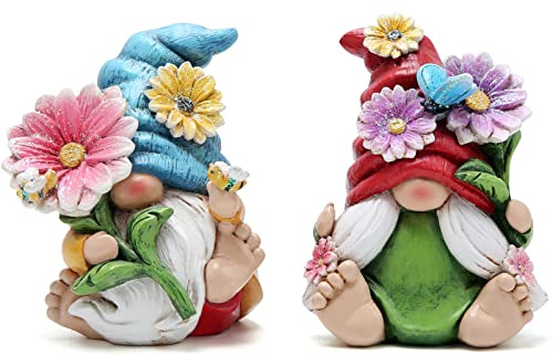 ZAWUU Spring Flower Gonks Gnomes Figurines — Hand-Painted-Look Resin Gnome, Cute Easter & Spring Tabletop Decor, Floral Gnome Statues for Home, Shelf & Garden — Gift for Mom, Friends