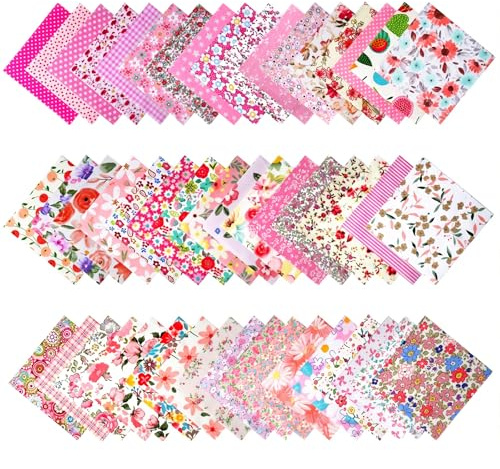 50 cuadrados de tela de algodón con estampado floral al azar – 12,7 x 12,7 cm, cuadrados grandes de tela rosa para coser y acolchar, paquetes de tela con diferentes patrones
