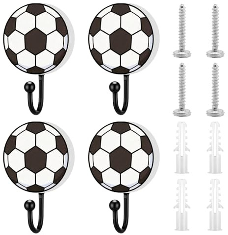 Juego de 4 ganchos de pared con temática de fútbol: ganchos de madera con tornillos para decorar habitaciones de niños, percheros con temática deportiva para sombreros, mochilas, bufandas y organizar