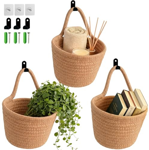3 Stück Hängekorb, 12x 15cm Baumwollkörbe Kleiner Korb mit Griff,Home hängekörbe mit 3 Klebehaken & 3 Garderobenhaken, Hängekorb Obstkorb, Korb Hängend für Büro, Küche, Schlafzimmer