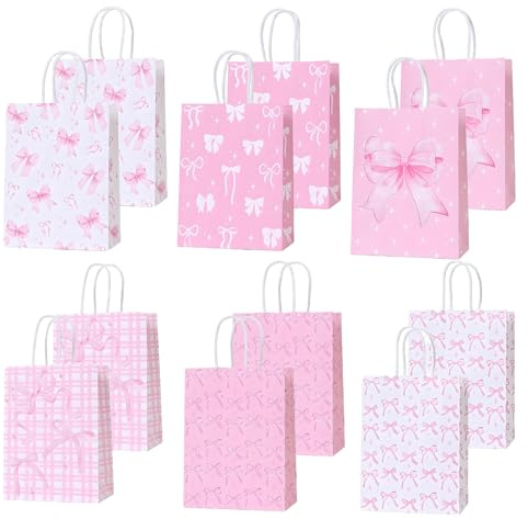 12 stycken kraftpapper presentpåsar, kraftpapperspåsar med handtag, 21 x 15 x 8 cm presentpåse, presentpåse födelsedag med rosa rosettmönster, olika Goodie Bag i stil, för fest och fest (rosa-12)