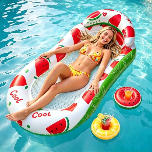 Dhnvcud Inflatable Pool Float for Adults, Mesh Pool Lounger with Headrest & 2 Cup Holders, Water Hammock Lilo for Tanning, Pool Beach Lake Parties