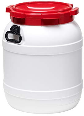 Curtec HDPE Weithalsfass, stapelbar, wasserdicht, temperaturformbeständig bis 80°C, mit rotem Schraubdeckel, Gummidichtung, naturweiß, 68 Liter