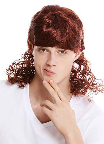 WIG ME UP - 60893-P340 Perruque Dame Homme Carnaval bouclée Coupe mulet beauf Chanteur de variété Star de Film Brun Rouge