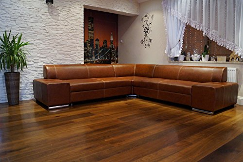 Quattro Meble Ecksofa London II RE 247 x 242 Braun Echtleder mit Ziernaht Sofa Couch Ledersofa Echt Leder Eck Couch Ledermöbel große Farbauswahl