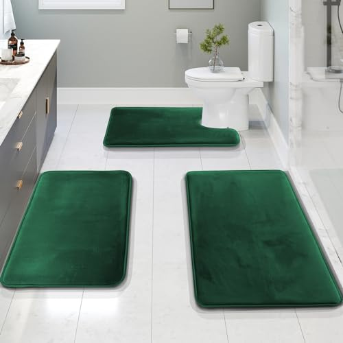 Clara Clark Juego de 3 alfombras de baño de Espuma viscoelástica de Terciopelo, Antideslizantes, Respaldo de PVC, Lavables, de Secado rápido, Color Verde Suave