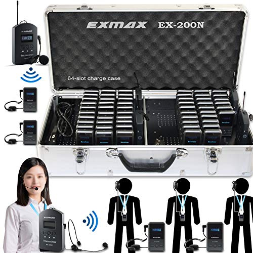 EXMAX EX-200N UHF Wireless Tour Guide Microphone System Hands-free Equipment 200 Channels for at Sporting Events, Church Translation, Summit - 4 Transmitters & 56 Receivers & 64-slot Charge Case