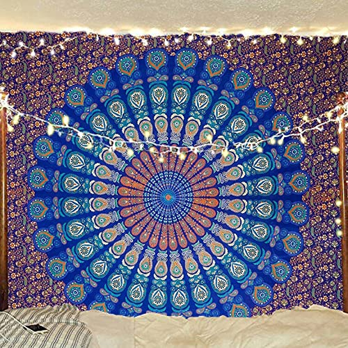 raajsee Blue Tapestry Mandala Wall Hangings, Indian cotton Beach Throw Blanket, Hippie Tapestries Boho Décor, Yoga Meditation Mat Rugs Twin Bedspread 130X150 CMS