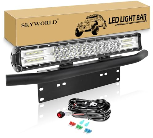 SKYWORLD 51cm 20 Zoll 288W LED Arbeitsscheinwerfer Bar mit 12v kabelbaum kit, Aluminium Kennzeichenhalterung Nummernschildhalter bull bar für 4x4 Auto Offroad KFZ LKW PKW ATV SUV