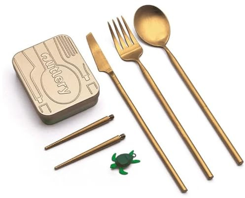 Outlery | Set de Couverts de Voyage Portables et Réutilisables en Acier Inoxydable avec Baguettes Réutilisables (Or Métallique) - Lot de Couverts de Poche, survie materiel militaire