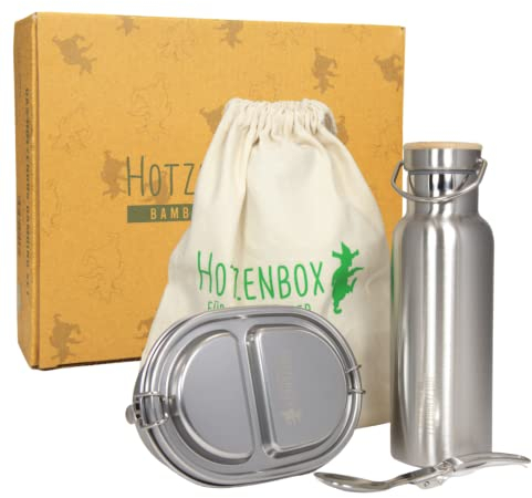 Bambinoset HOTZENBOX Brotdose & Thermosflasche Edelstahl | Premium | 500ml | Auslaufsicher plastikfrei nachhaltig | Lunchbox Vesper Brotzeitbox Bentobox doppelwandige Trinkflasche | für Kita & Schule