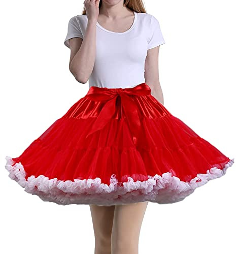 Tmade Women's Tulle Petticoat Tutu Party Multi-Layer Puffy Cosplay Skirt, Redwhite, Length 40cm, Waist 56-100cm