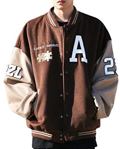 Moshtashio Herren College Jacke Baseballjacke Unisex Mode Sportjacke Sweatjacke Urban Stehkragen Streetwear (1 Kaffee Braun,M)