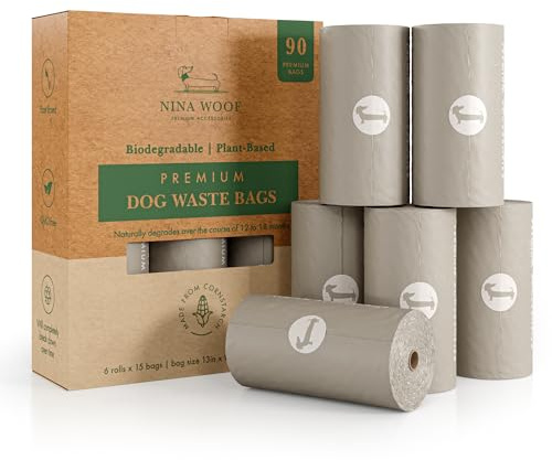 NINA WOOF Dog Poop Bags Rolls - 90 Compostable & Biodegradable for Puppy Walks, Travel, Thick Refill Housebreaking dog poo bags Premium Cornstarch Pet Poo Bags Dogs