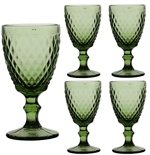 Dibor Set of 4 Wine Glasses Green Diamond Embossed Dishwasher Safe 270ml Wine Glass Goblets