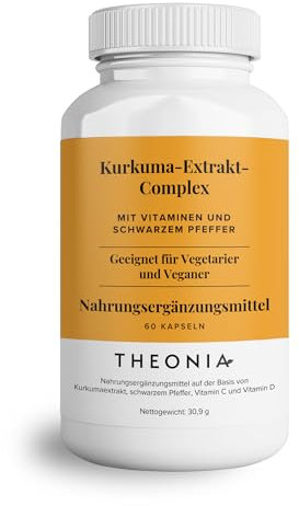 Theonia complesso di estratto di curcuma - Vitamina D3 e C, estratto di pepe nero - Supporta i muscoli e le articolazioni - Massima efficacia e maggiore assimilazione - 60 capsule vegane