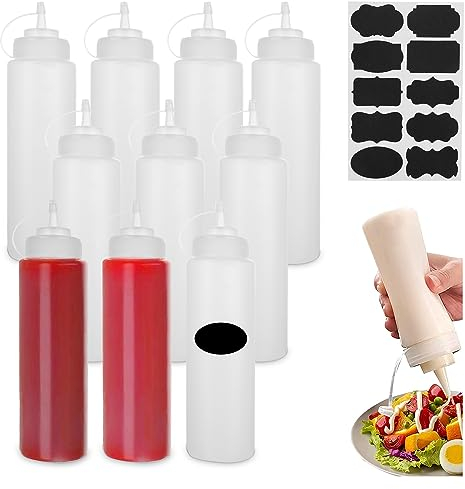 APACALI 10 PCS 680ml/23oz Squeeze Bottles, Plastic Squeeze Condiment Bottles with Cap and Label, Squeezy Sauce Bottles, Plastic Squeeze Bottles with Measurements for Condiment, Sauce, BBQ, Ketchup