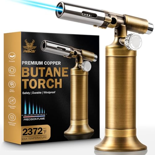 RAVS Butane Torch Lighter, Refillable Kitchen Torch for Creme Brulee with Adjustable Flame, Copper Torch for Jewelry Making with Pinpoint Flame, Copper Soldering Torches for Resin Art, Craft