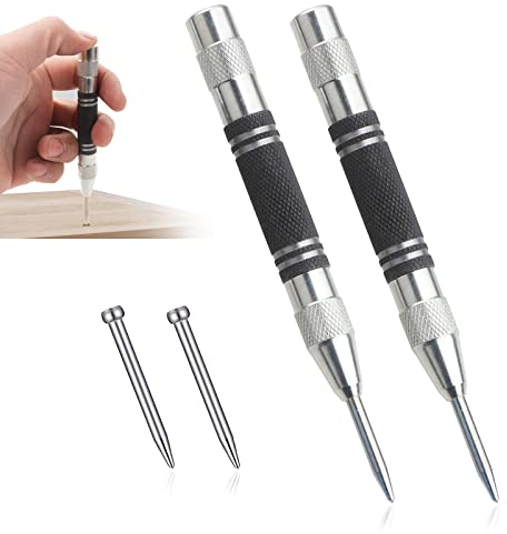 Automatischer Körner Metall, 2 Stück Automatik Körner, Center Punch mit 2 Ersatz-Stanzstempeln, für Holz, Glas, Stahlbleche, Metall