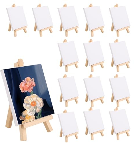 APACALI 15 Stück Kleine Leinwand mit Staffelei, 10x10CM Mini Staffelei Holz, Leinwand Klein Holz, Dreieck Staffele für Display, Zeitgenössisch, Kunstbedarf, Miniaturmalerei-Set