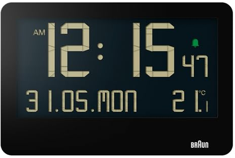 Braun Digital Wall Clock with Indoor Temperature, Date, Day of the Week, Large Reverse LCD Display, Quick Set, Beep Alarm in Black, model BC14B.