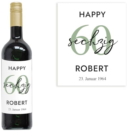 Mimi und Anton 60 Geburtstag Geschenk | Personalisiertes Flaschenetikett | Weinetikett 60 | Größe 10x12 cm | Weinlabel Happy Birthday mit Geburtstagszahl (Grün), Namen & Datum