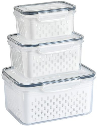 Lizbin 3 PCS Fruit Storage Containers for Fridge with Removable Colander, Leak proof Food Storage Containers, Airtight Food Storage Container, Food Storage Containers with Lids, Keep Food Meat Fresh