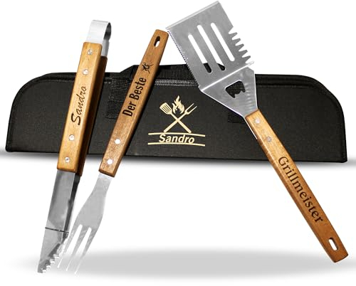 Personalisiertes Grillbesteck personalisiert Set mit Gravur aus Akazienholz Tasche, Grillzange, Holzgriff Grillwerkzeug, Grillkoffer Set, Grillbox, Papa Grill; Geschenk für Männer, Grillgeschenk