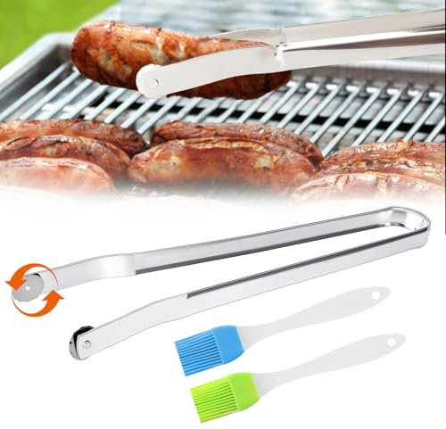 BBQ Sausage Turning Tongs, Stainless Steel Sausage, Long Handle Barbecue Turning, Cooking Sausage Gripper with Removable Silicone Brush, Grilling Flipping for Camping Party Campfires