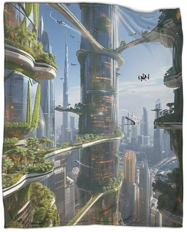 Futuristische Stadt Kuscheldecke 50x60inch(127x152cm),weich & Warm,extra Flauschig Als Sofadecke Architektonische Landschaft Wohndecke Yogadecke Tagesdecke,Plüsch Sofaüberwurf