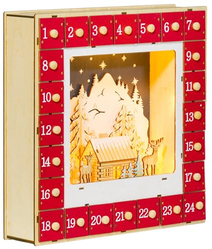 HOMCOM Adventskalender zum Befüllen 24 Schubladen 34 x 7 x 34 cm Rot | Fächer, Weihnachtskalender, mit LED-Lichtern, Adventskalenderbox, Weihnachtsdekoration, DIY