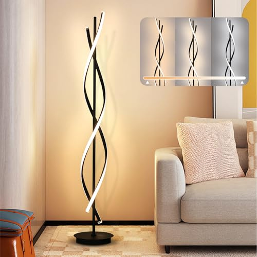 KOSHSH Stehlampe Wohnzimmer Dimmbar, Schwarze Spirale LED Dimmbare Stehlampe für Schlafzimmer, Stehlampe mit Fernbedienung, 155cm 3 Farbtemperaturen 52W Standleuchte (Black)