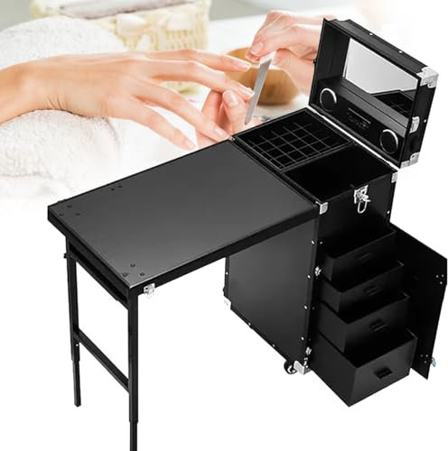 Professionellt nagelbord, hopfällbart resande nagelbord med förvaring, manikyrtågfodral, för rörlig makeup-nagelsalong (BlackGold)